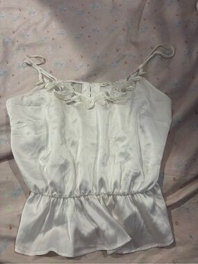 Oysho White Lace-Trim Satin Cami Top - Women Intimates